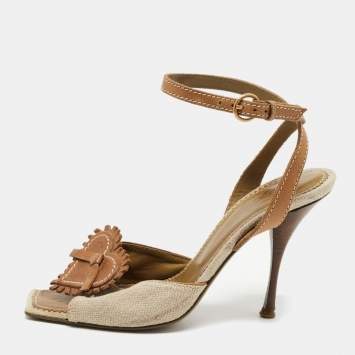Pre Owned Saint Laurent Grey/Brown Leather and Canvas Ankle Strap Sandals Size 37.5