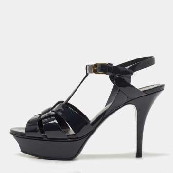 Pre Owned Saint Laurent Dark Blue Patent Leather Tribute Sandals Size 37.5