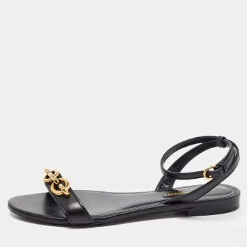 Pre Owned Saint Laurent Black Leather Le Maillon Flat Sandals Size 37.5