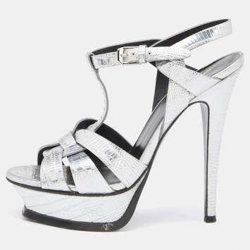 Pre Owned Saint Laurent Silver Lizard Embossed Leather Tribute Sandals Size 36