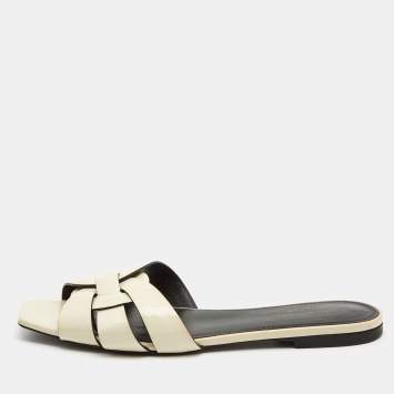 Saint Laurent Cream Patent Leather Tribute Flat Slides Size 39
