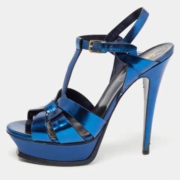 Pre Owned Saint Laurent Metallic Blue Leather Tribute Sandals Size 39