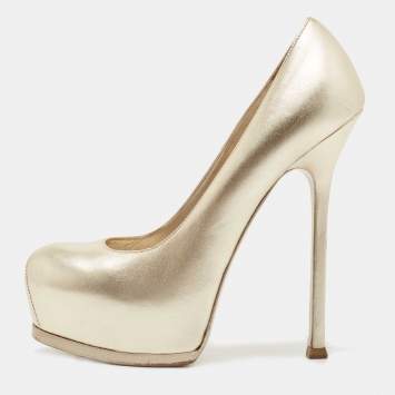Pre Owned Saint Laurent Light Gold Leather Tribtoo Platform Pumps Size 39.5