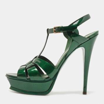 Pre Owned Saint Laurent Green Patent Leather Tribute Ankle Strap Sandals Size 40
