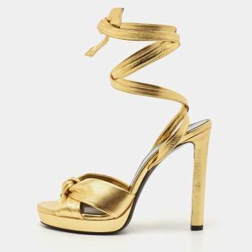 Pre Owned Saint Laurent Gold Foil Leather Knotted Platform Ankle Wrap Sandals Size 38.5