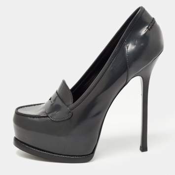 Pre Owned Saint Laurent Grey Leather Tribtoo Platform Loafer Pumps Size 41