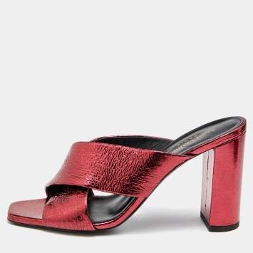 Pre Owned Saint Laurent Metallic Red Foil Leather Loulou Criss Cross Slide Sandals Size 39