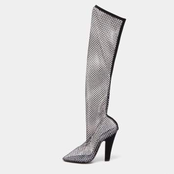 Pre Owned Saint Laurent Black Suede and  Crystal Embellished Mild Calf Boots Size 39