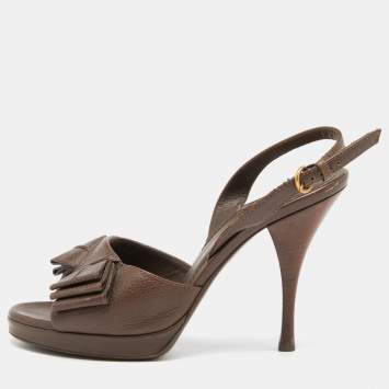 Saint Laurent Brown Leather Y-Bow Platform Sandals Size 37.5