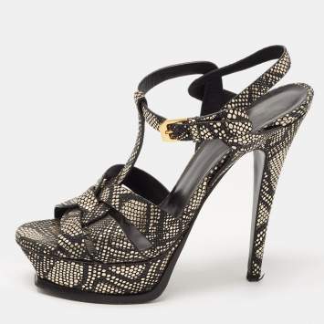 Pre Owned Saint Laurent Black/Gold Textured Leather Tribute Sandals Size 36.5