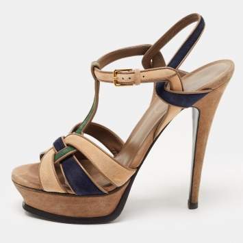Pre Owned Saint Laurent Tricolor Suede Tribute Sandals Size 38.5