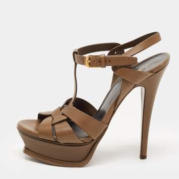 Pre Owned Saint Laurent Olive Green Leather Tribute Sandals Size 36
