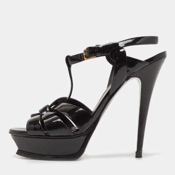 Pre Owned Saint Laurent Black Patent Leather Tribute Ankle Strap Sandals Size 39.5