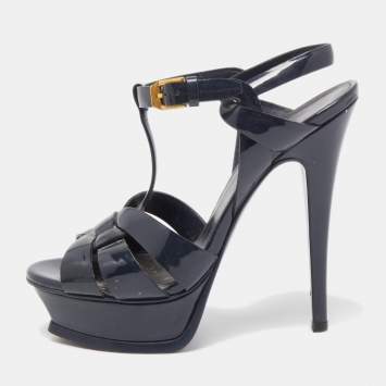 Pre Owned Saint Laurent Navy Blue Patent Leather Tribute Sandals Size 35