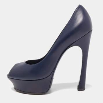 Pre Owned Saint Laurent Navy Blue Leather Peep Toe Pumps Size 38