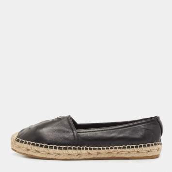 Pre Owned Saint Laurent Black Leather Embossed Logo Espadrille Flats Size 36