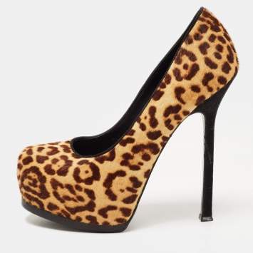 Pre Owned Saint Laurent Brown/Beige Leopard Print Calf Hair Tribtoo Pumps Size 35