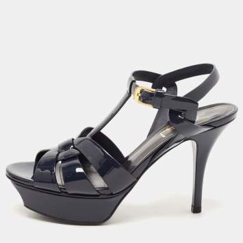 Pre Owned Saint Laurent Navy Blue Patent Leather Tribute Sandals Size 35.5