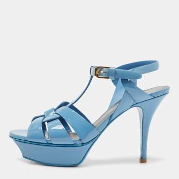Pre Owned Saint Laurent Blue Patent Leather Tribute Sandals Size 35.5