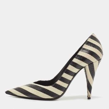 Pre Owned Saint Laurent Black/White Snakeskin Leather Pointed Toe Pumps Size 39