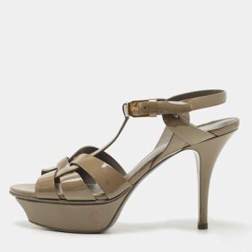 Pre Owned Saint Laurent Olive Green Patent Leather Tribute Sandals Size 35.5
