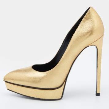Pre Owned Saint Laurent Gold Leather Janis Pointed Toe Platform Pumps Size 38.5