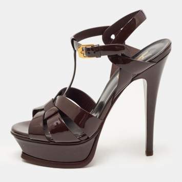Pre Owned Saint Laurent Dark Brown Patent Leather Tribute Sandals Size 35
