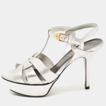 Pre Owned Saint Laurent Silver Leather Tribute Sandals Size 35
