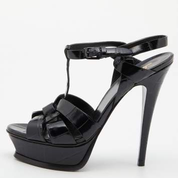 Pre Owned Saint Laurent Black Croc Embossed Leather Tribute Ankle Strap Sandals Size 37