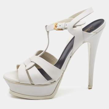 Pre Owned Saint Laurent White Leather Tribute Ankle Strap Sandals Size 38.5