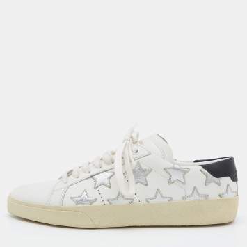 Pre Owned Saint Laurent White/Silver Leather Court Classic Star Low Top Sneakers Size 37.5