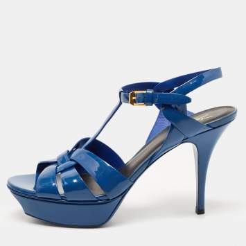 Pre Owned Saint Laurent Paris Navy Blue Patent Leather Tribute Platform Ankle Strap Sandals Size 41