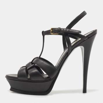 Pre Owned Saint Laurent Black Leather Tribute Platform Ankle Strap Sandals Size 40