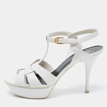 Pre Owned Saint Laurent Paris White Lizard Embossed Leather Tribute Platform Ankle Strap Sandals Size 40