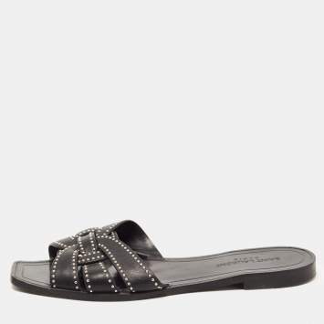 Pre Owned Saint Laurent Black Leather Tribute Studded Flat Slides Size 38.5