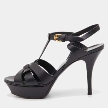 Pre Owned Saint Laurent Black Leather Tribute Ankle Strap Sandals Size 37