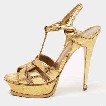 Pre Owned Saint Laurent Gold Textured Leather Tribute Sandals Size 39
