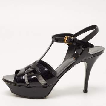 Pre Owned Saint Laurent Black Patent Leather Tribute Sandals Size 38.5