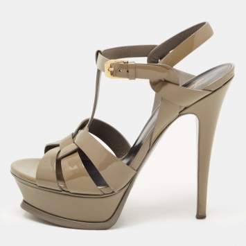 Pre Owned Saint Laurent Grey Leather Tribute Platform Ankle Strap Sandals Size 36