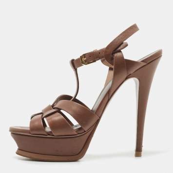 Pre Owned Saint Laurent Brown Leather Tribute Platform Ankle Strap Sandals Size 37.5