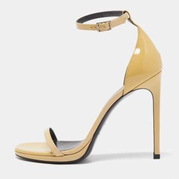 Pre Owned Saint Laurent Beige Patent Leather Jane Ankle Strap Sandals Size 37