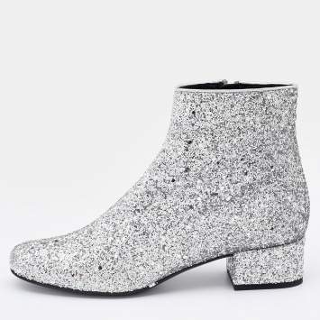 Pre Owned Saint Laurent Silver Glitter Caleb Zippered Ankle Boots Size 38.5