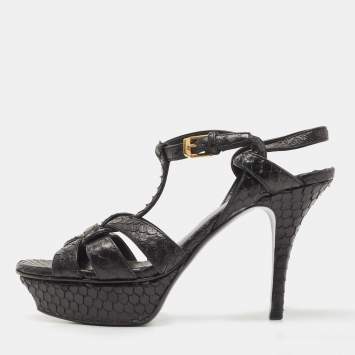 Pre Owned Saint Laurent Paris Black Python Leather Embossed Tribute Platform Ankle Strap Sandals Size 36.5