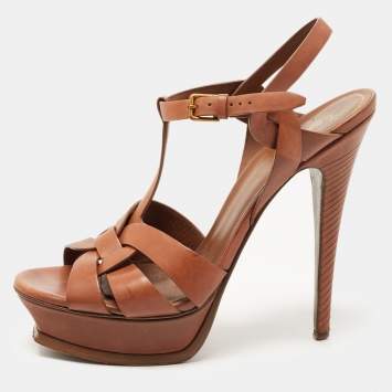 Pre Owned Saint Laurent Brown Leather Tribute Sandals Size 40