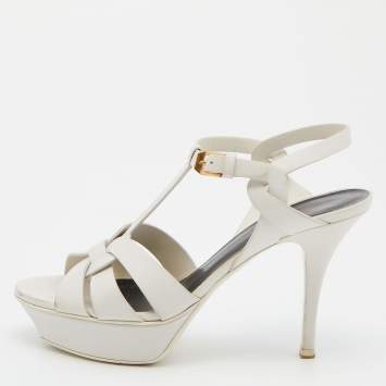 Pre Owned Saint Laurent White Leather Tribute Ankle Strap Sandals Size 38