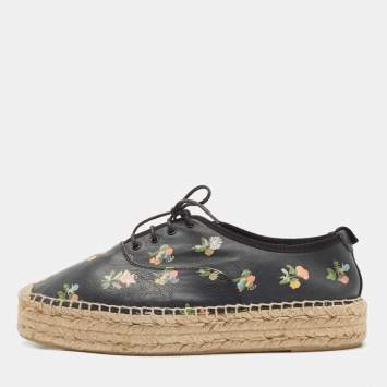 Pre Owned Saint Laurent Black Floral Print Leather Espadrille Platform Sneakers Size 39.5