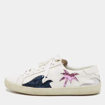 Pre Owned Saint Laurent White Leather and Glitter Low Top Sneakers Size 38.5