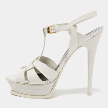 Pre Owned Saint Laurent Paris White Leather Tribute Platform Ankle Strap Sandals Size 40