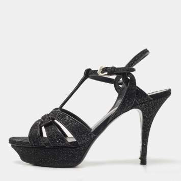 Pre Owned Saint Laurent Black Textured Suede Tribute Sandals Size 39