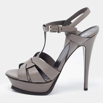 Pre Owned Saint Laurent Grey Patent Leather Tribute Platform Ankle Strap Sandals Size 40